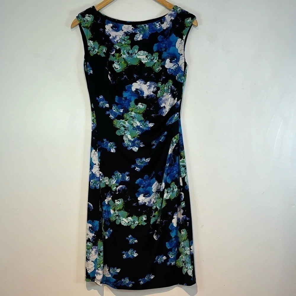 LAUREN Ralph Lauren Dress Ruched Cap Sleeves Lined Black Blue Floral Stretch Sz4 - Picture 3 of 14